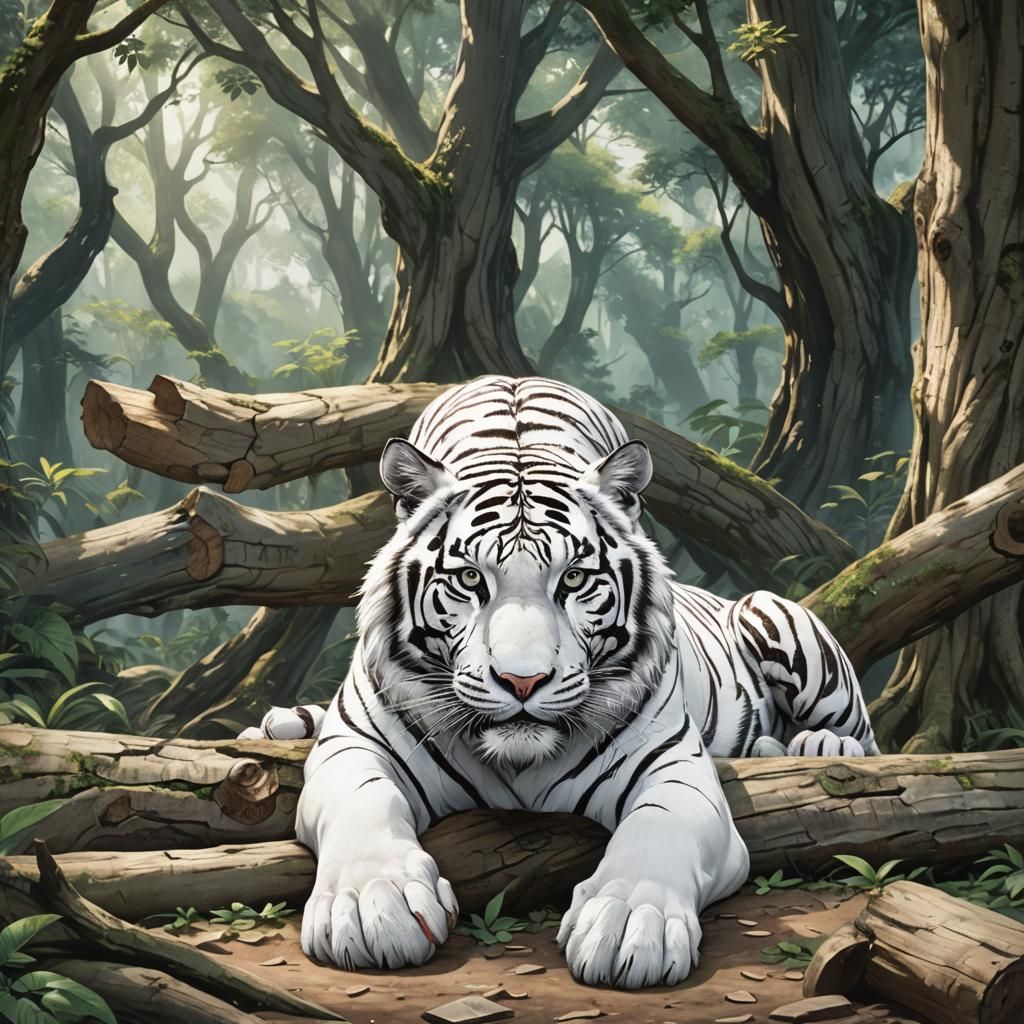 White Tiger in Anime Style Forest Scene