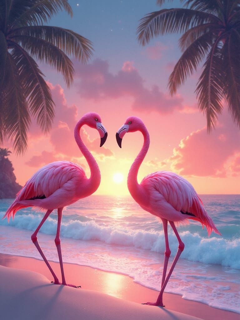 Elegant Flamingos on Tropical Beach at Sunset