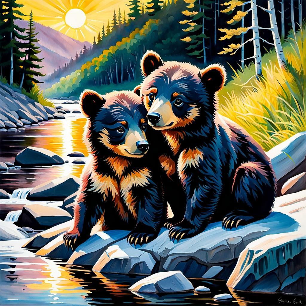 Black Bear Cubs Snuggling: Impasto Watercolor Painting