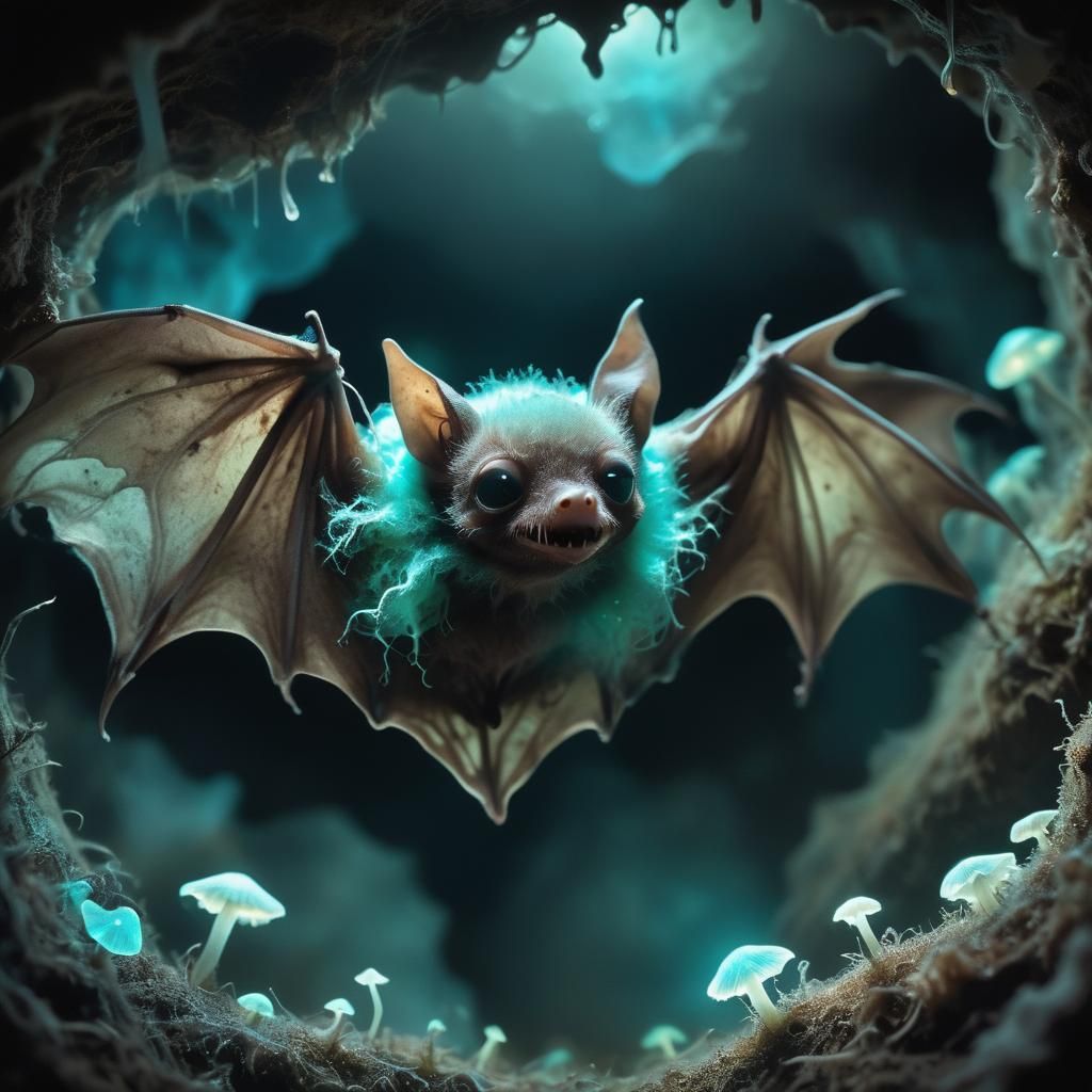 Bioluminescent Fungi Bat in Dark Cavern