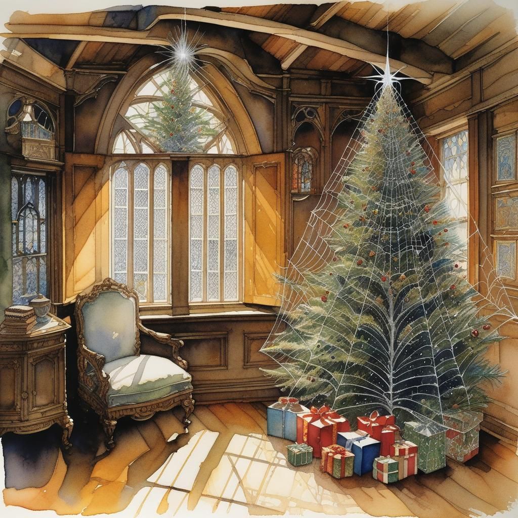 Silver Spiderweb Christmas Tree: Ink and Watercolor