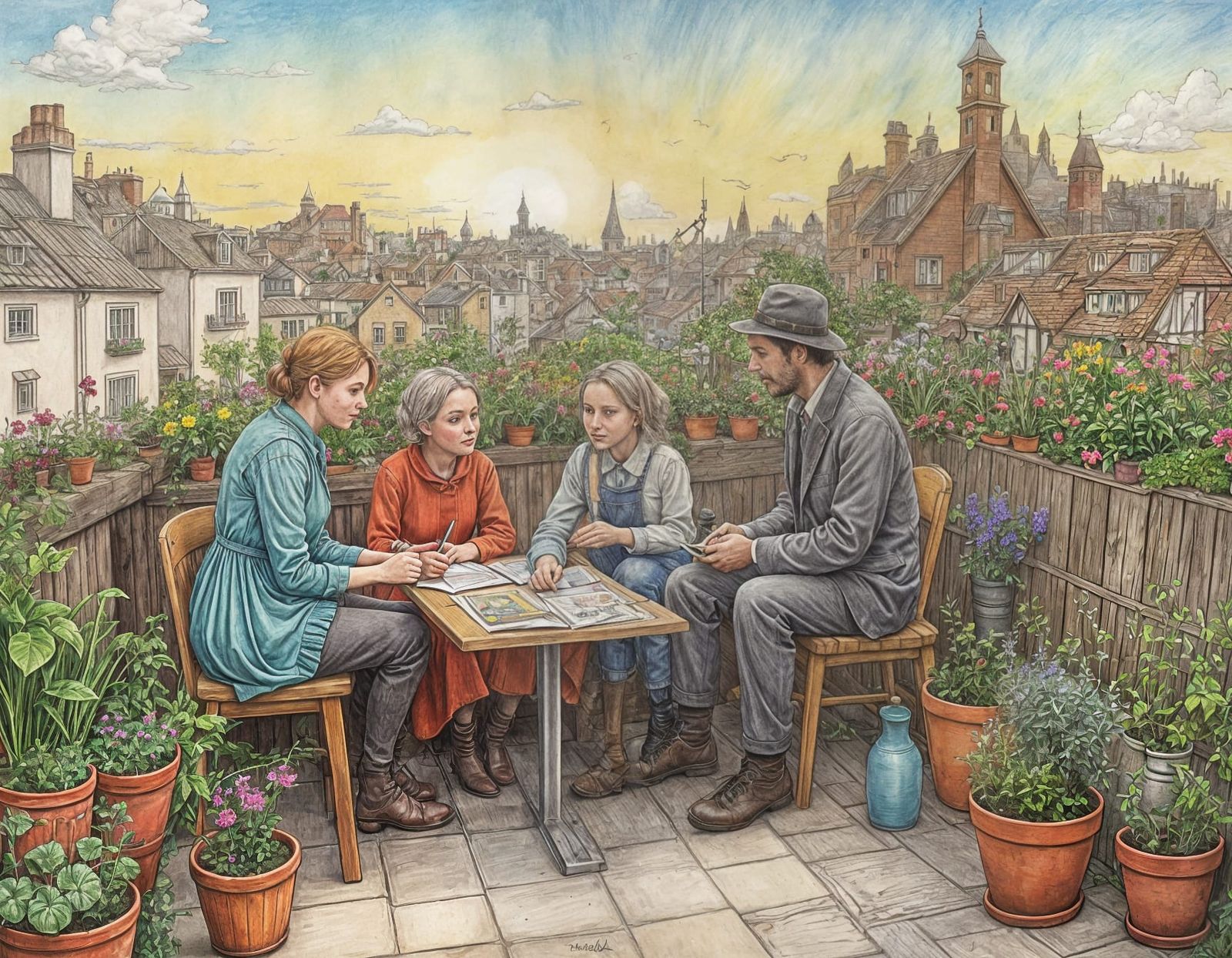 Solarpunk Rooftop Gathering in Vibrant Color