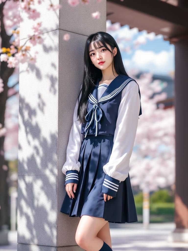 Kaori in Sailor Uniform Amidst Cherry Blossoms