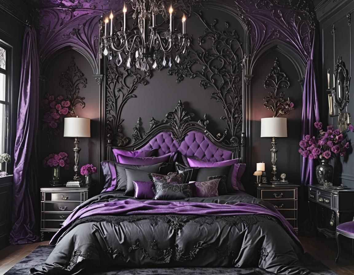 Gothic Bedroom with Iridescent Purple Accents
