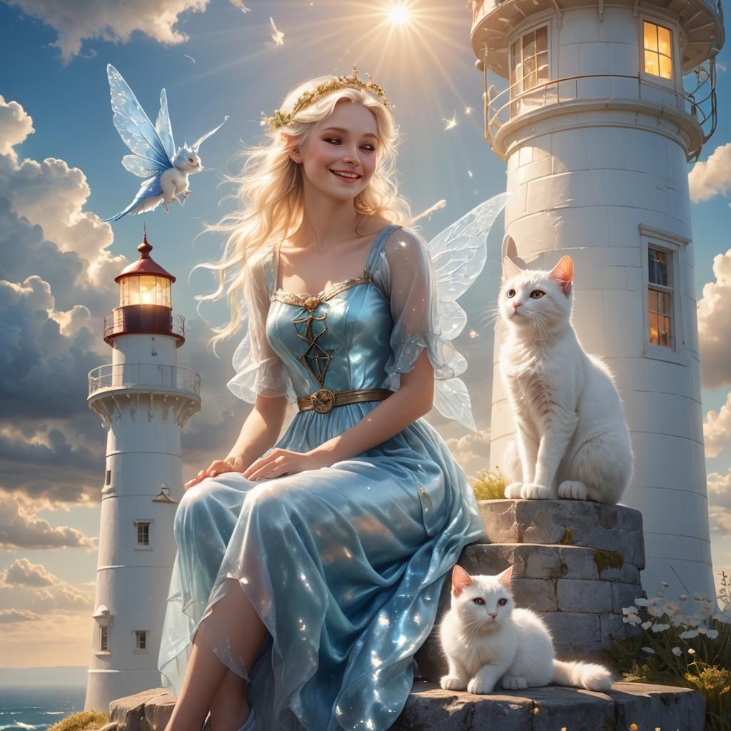 Blue Fairy with Cat on Lighthouse