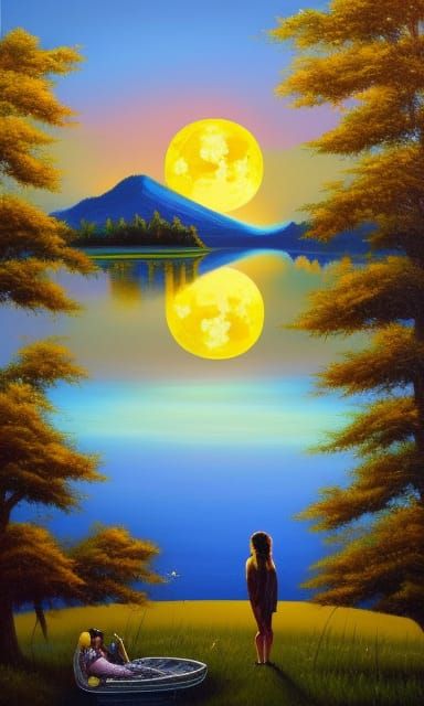 Golden Moonrise Over Lake: Impasto Oil Painting