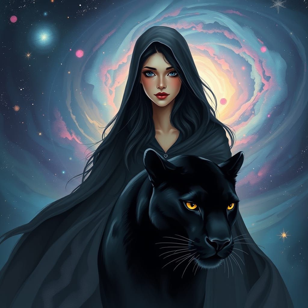 Cosmic Goddess with Black Panther in Soft, Dreamy Galaxy