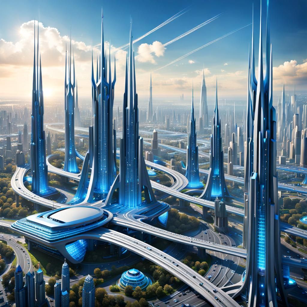 Futuristic Robotic City with Sparkling Transport Networks