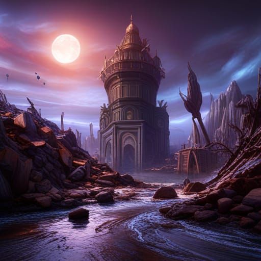 Apocalyptic Wonderland: Detailed Matte Painting in Deep Colo...