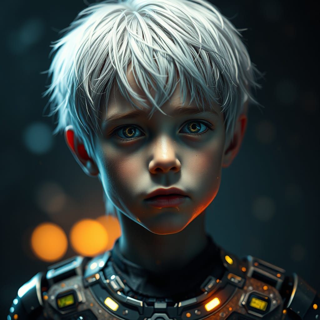 Cyborg Boy with Silver Hair in Murraypunk Style