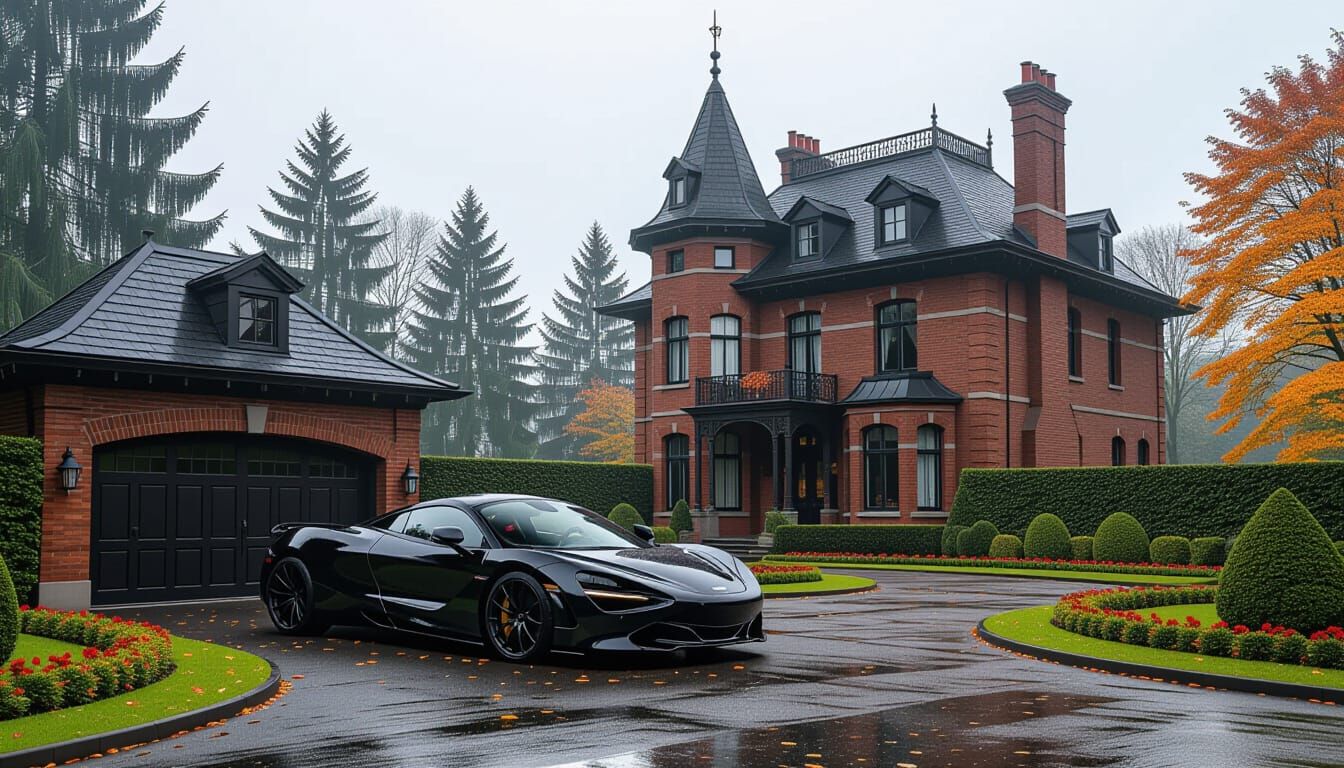 Victorian Chateau with McLaren in Misty Autumn Garden