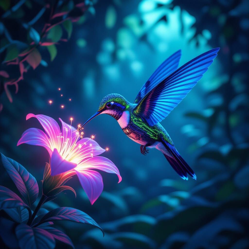 Biomechanical Hummingbird Sips Nectar: Digital Painting