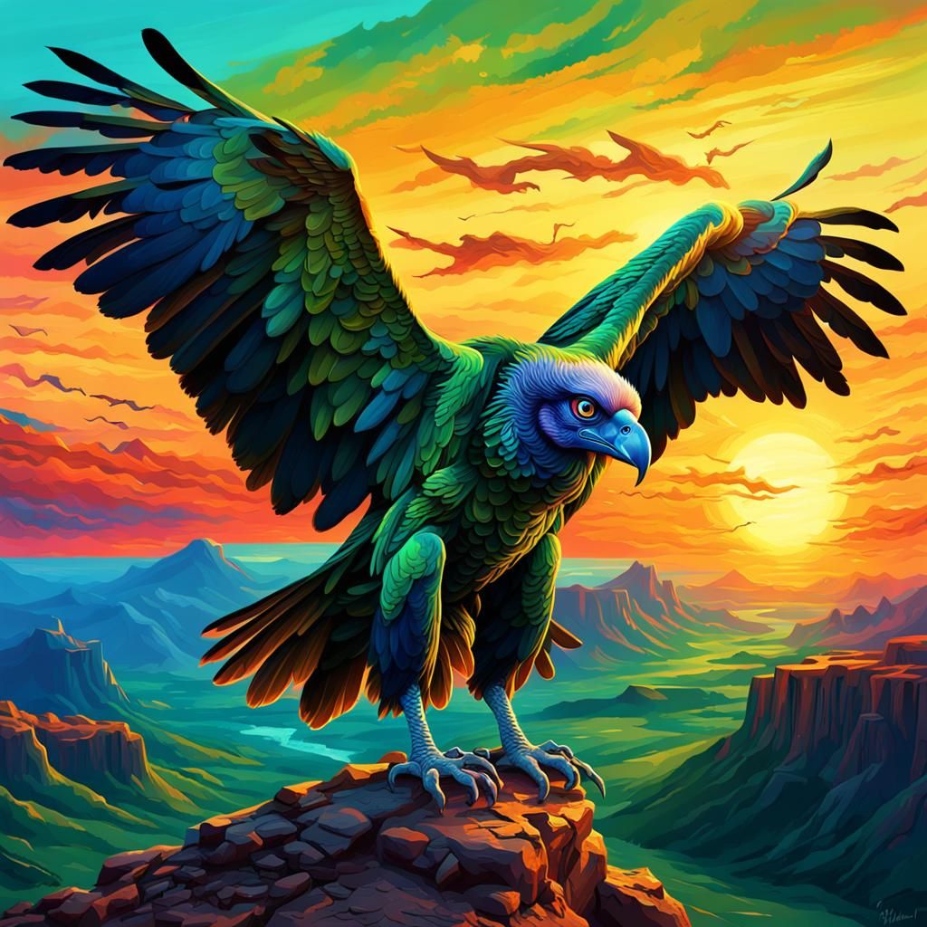 Green Vulture with Blue Eyes at Sunset, Digital Art