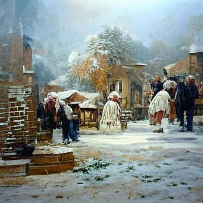 Snowy Village Square: An Oil Painting