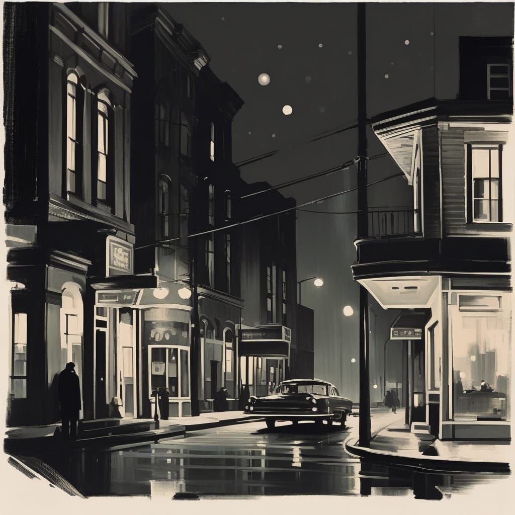 Nocturnal Cityscape in Edward Hopper Style with Bold Brushst...
