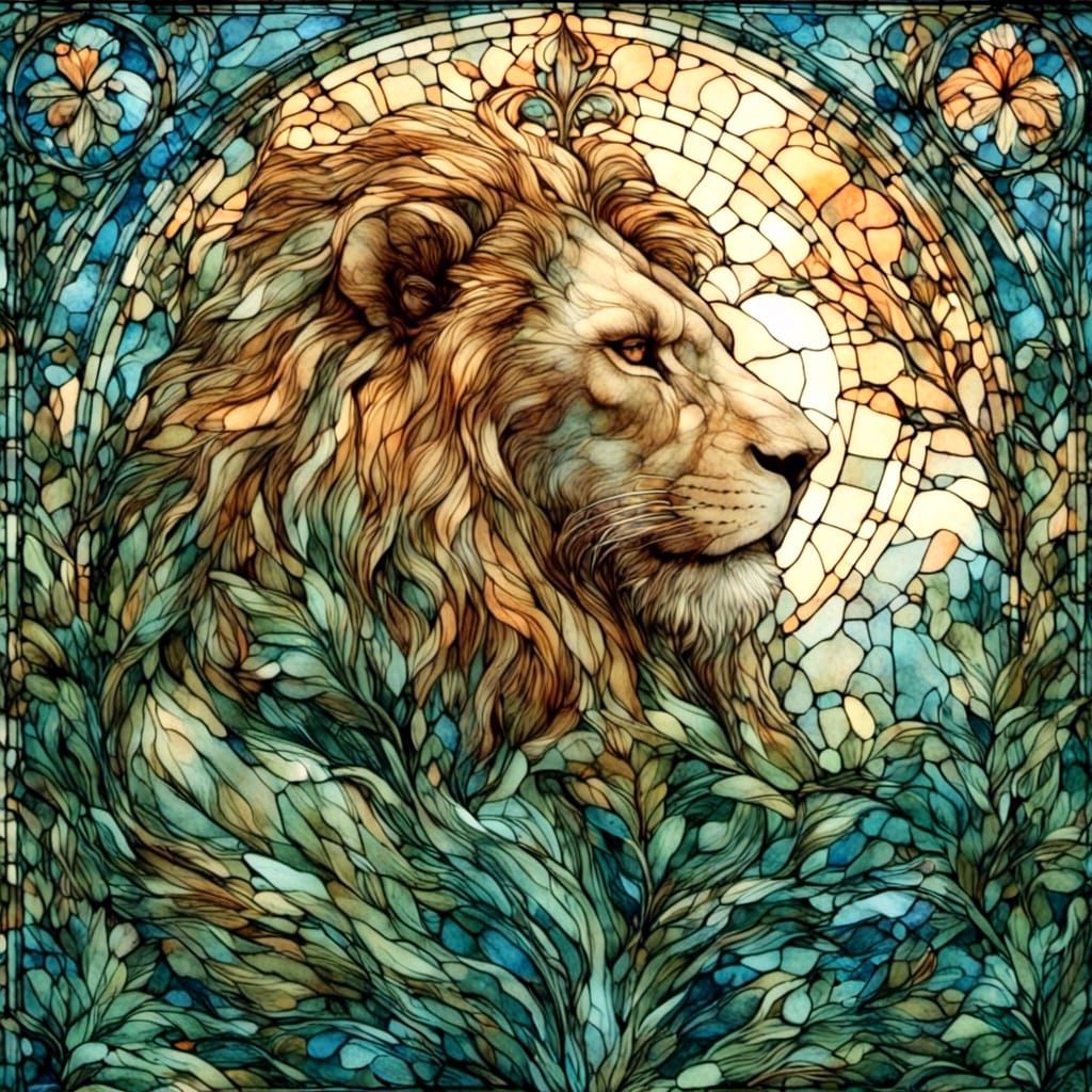 Lion Sleeps in Jungle: Art Nouveau Expression
