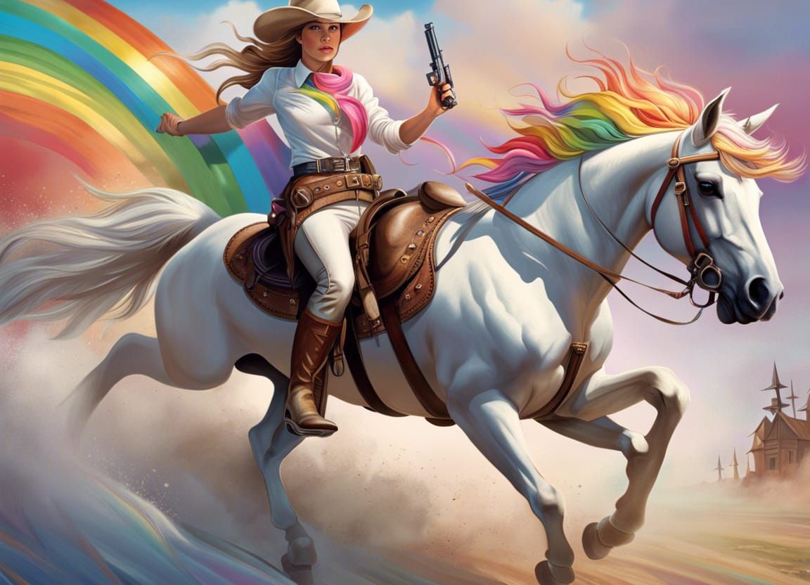 Cowgirl Rides Rainbow Unicorn in Wild West