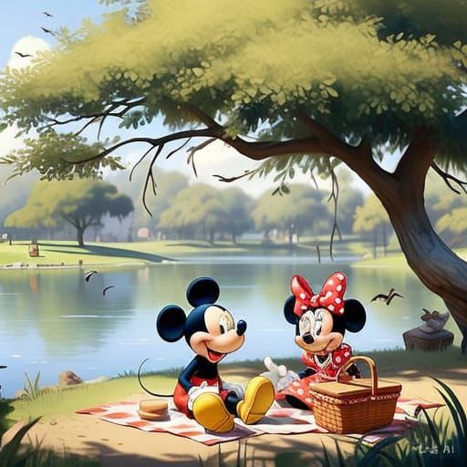 Mickey and Minnie Mouse in a Whimsical Watercolor Landscape