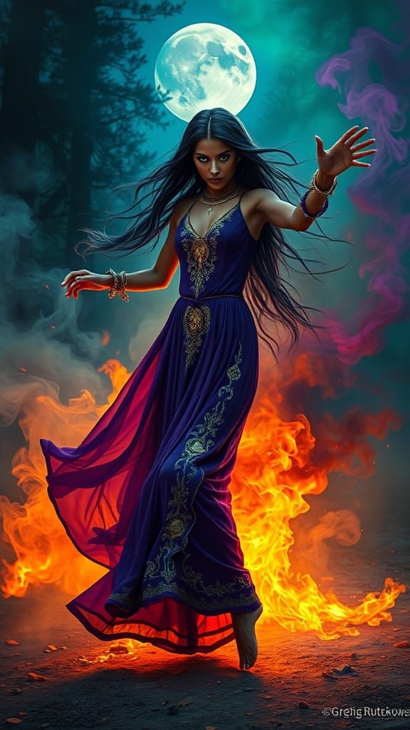 Gypsy Maiden Dancing by Firelight, Dark Fantasy Art