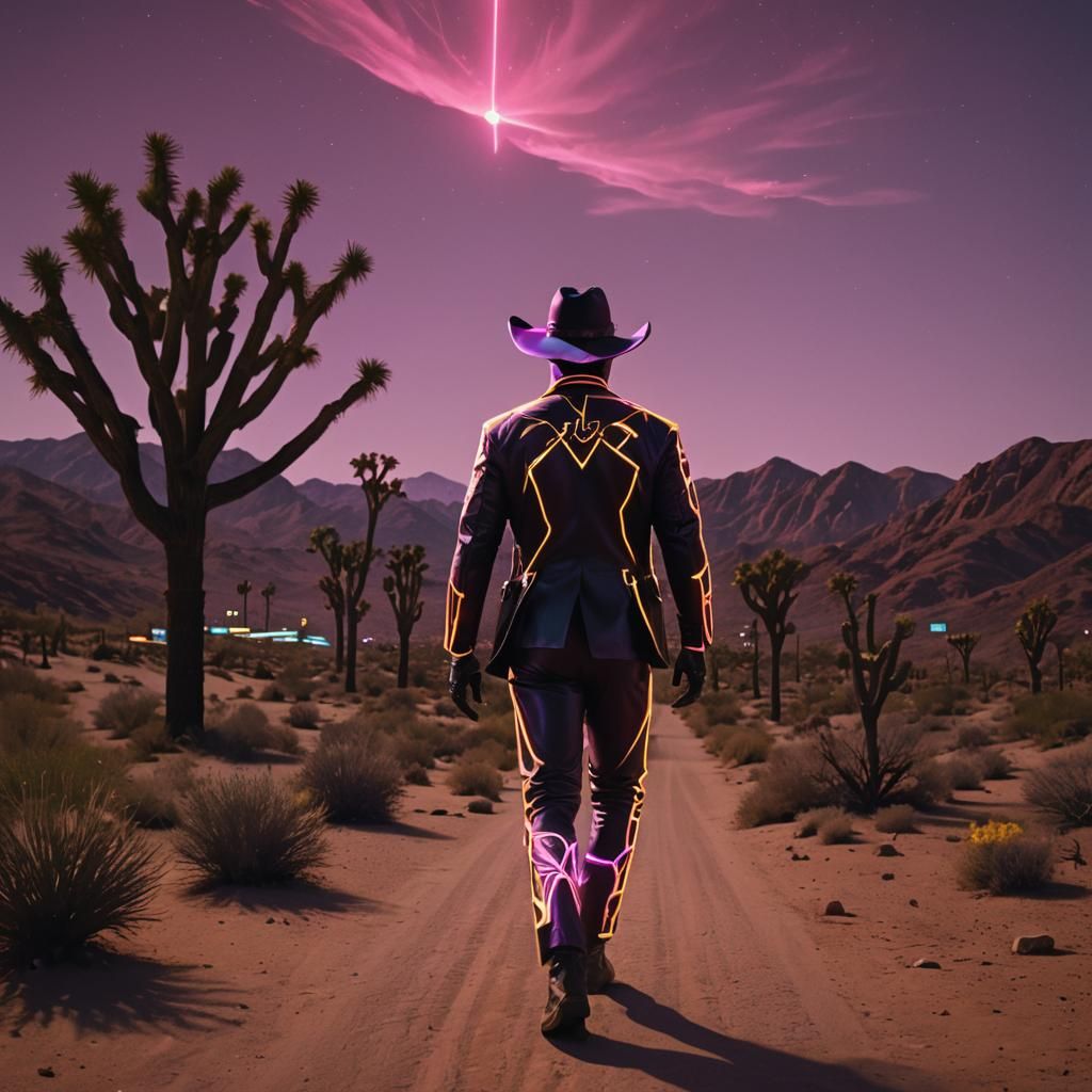 Cyberpunk Cowboy in Neon Nudie Suit, Desert Scene