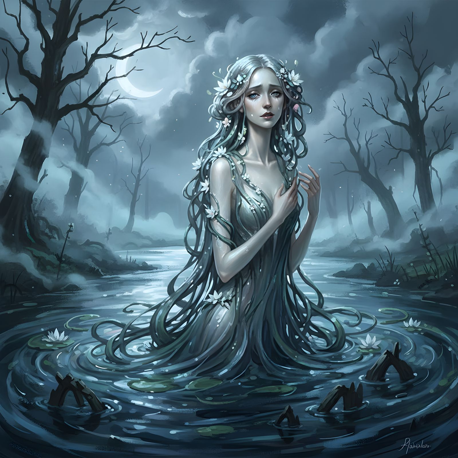 Rusalka Emerges from Moonlit River in Dark Fantasy Style