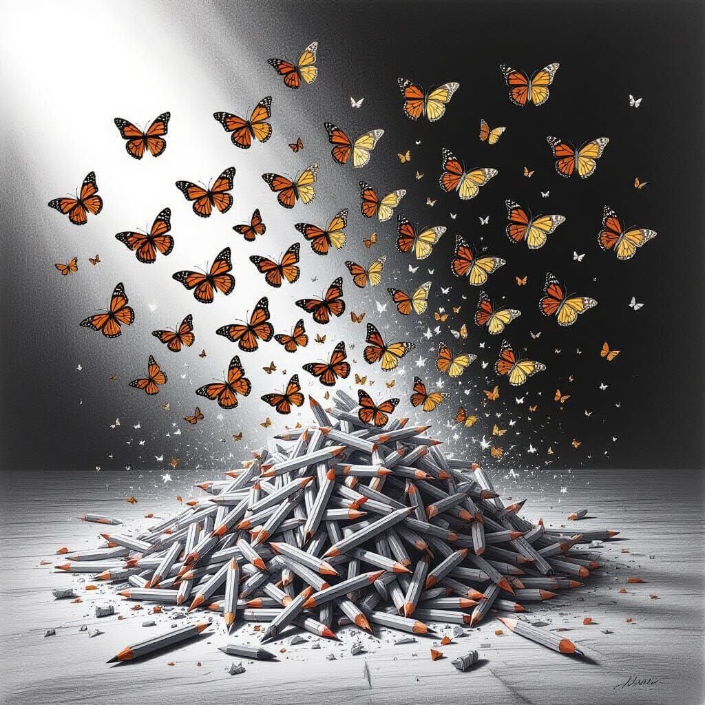 Butterflies Erupting From Pencil Shavings Pencil Sketch