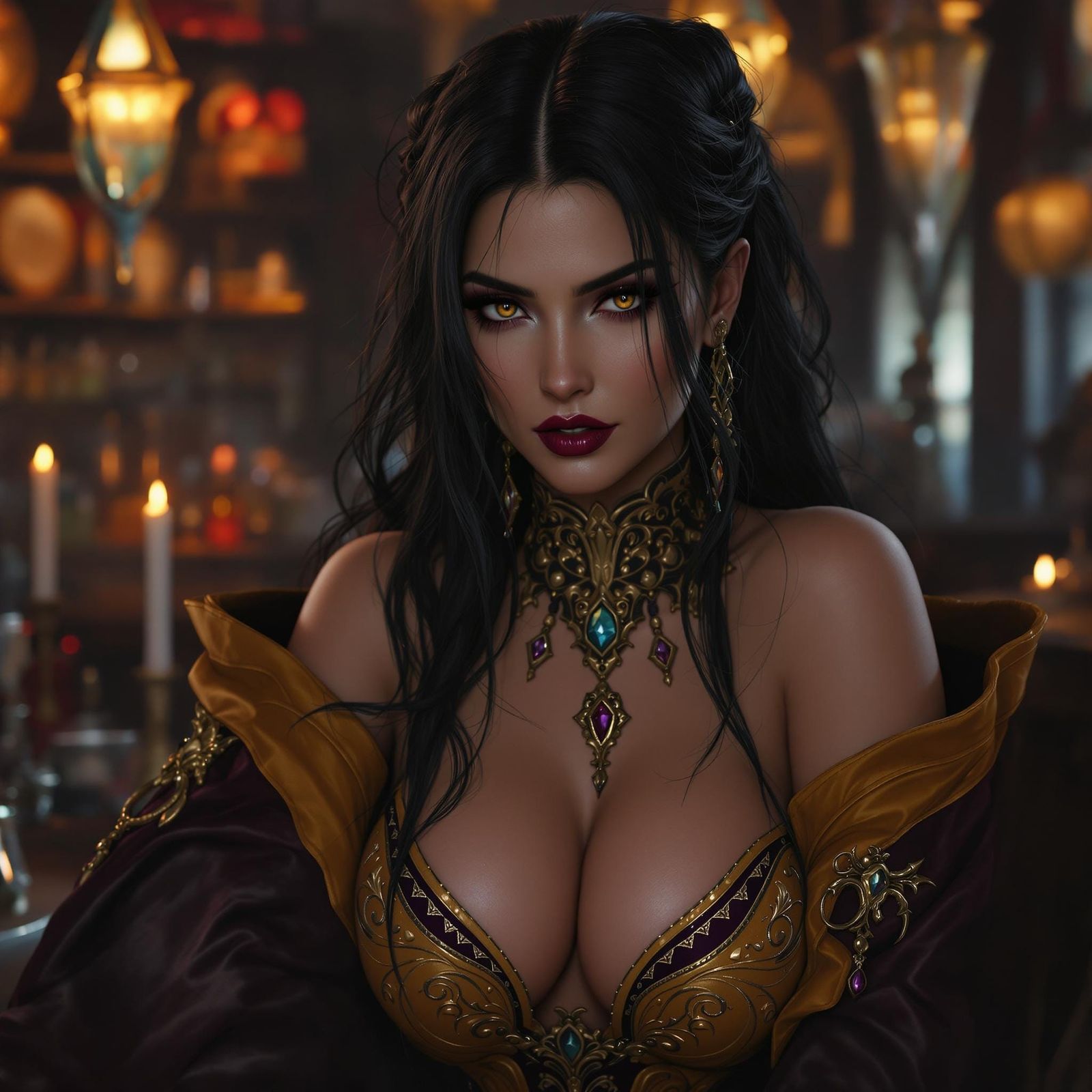 Dark Fantasy Tavern Barmaid in Opulent Velvet and Leather At...