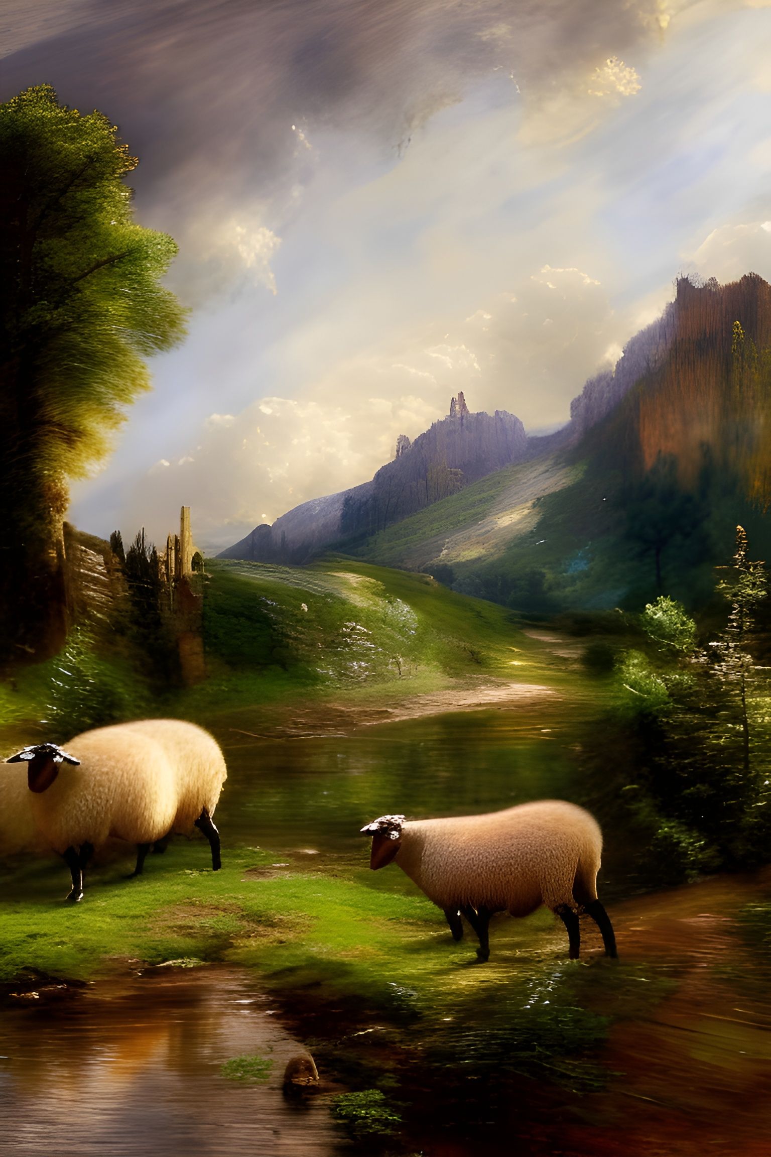 Realistic Sheep Herder in Mountain Landscape