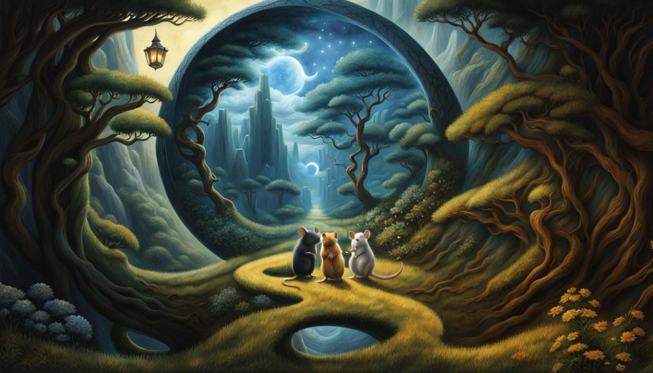 Mice Hiking in a Surreal Stargate Scene