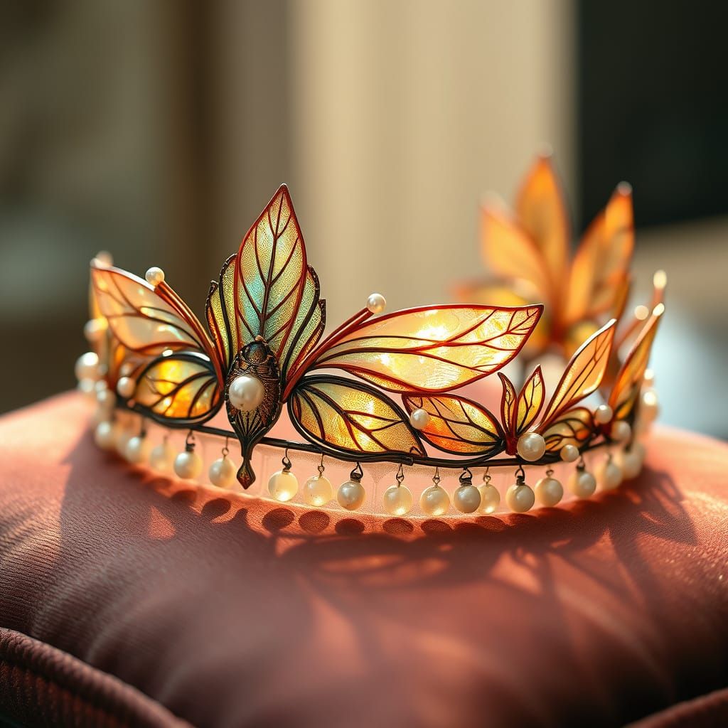 Art Nouveau Tiara of Iridescent Beetle Wings and Pearls