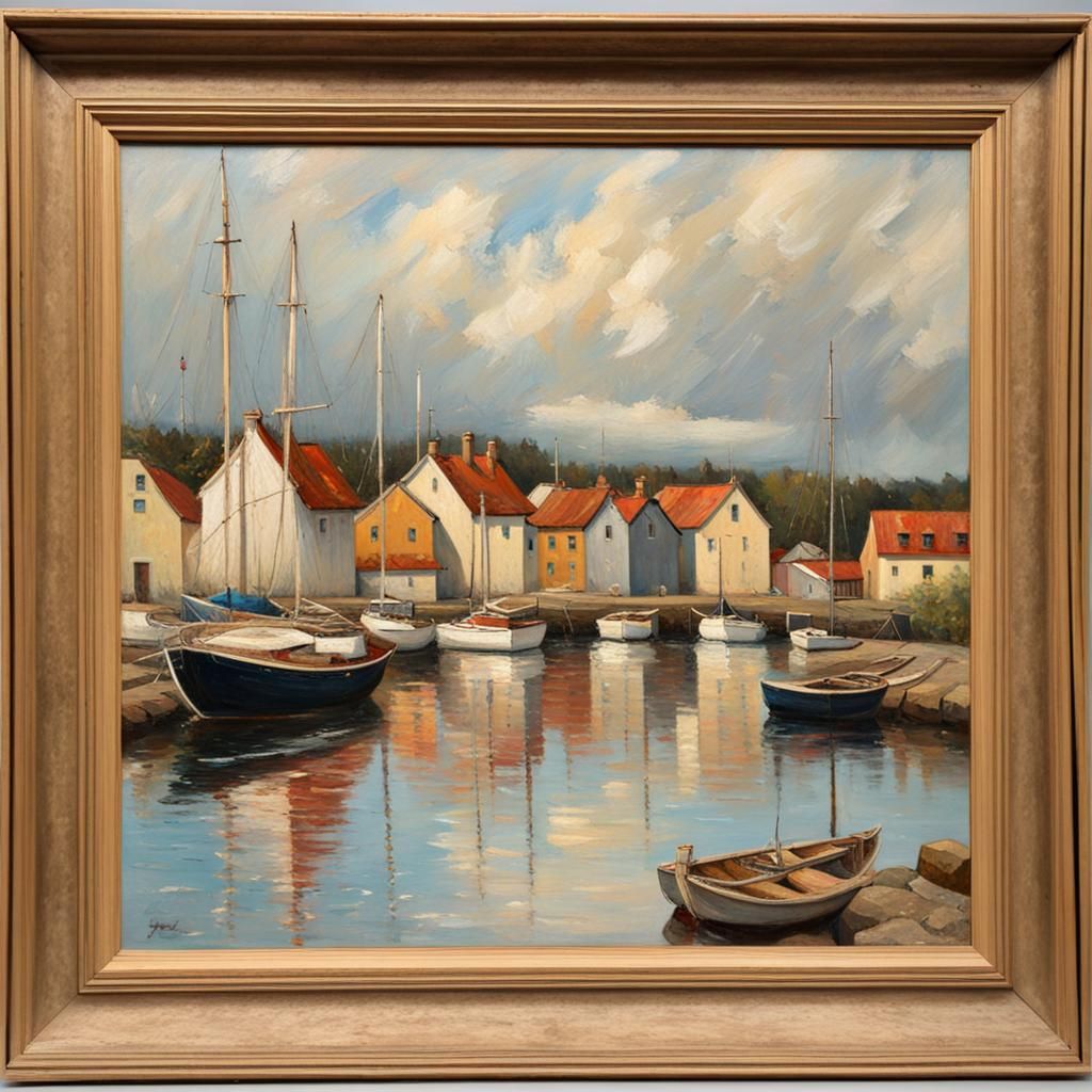 Swedish Port Village Oil Painting
