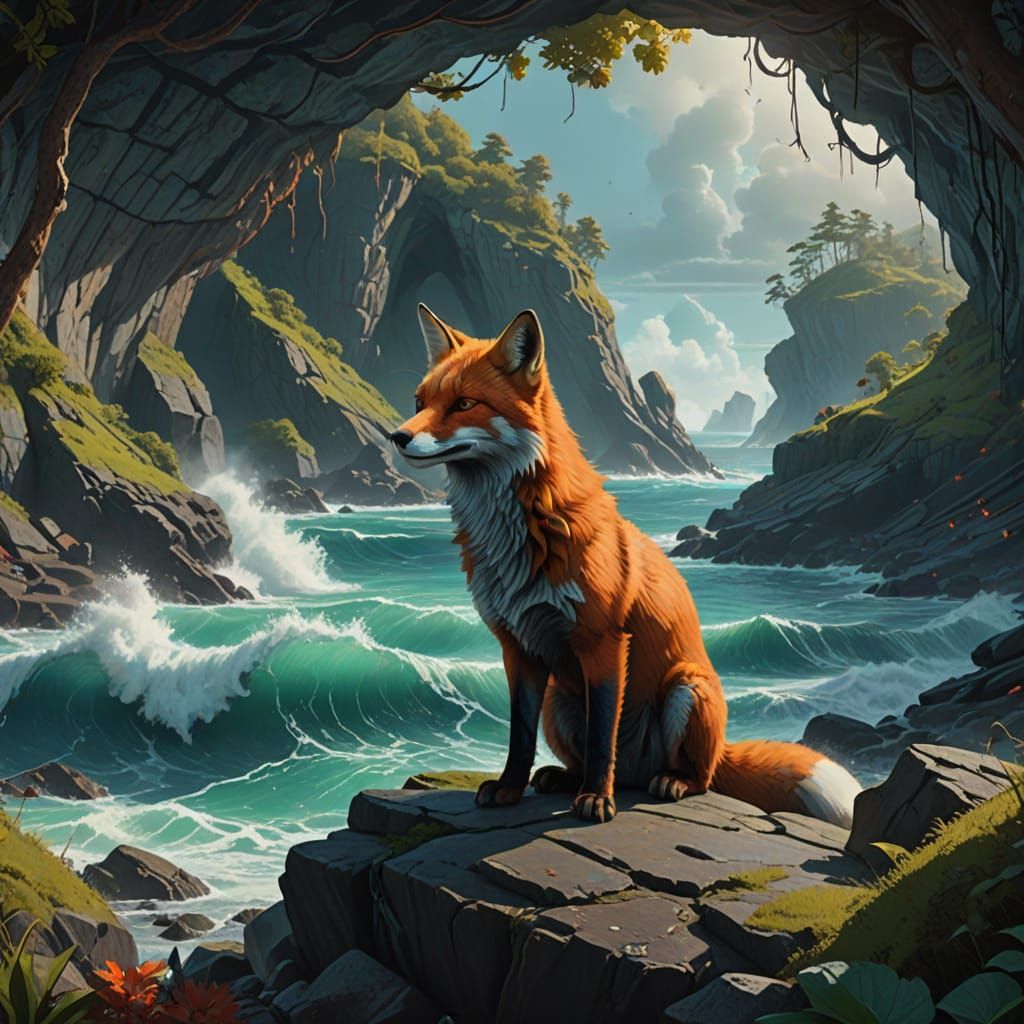 Mystical Red Fox Observes the Turbulent Ocean