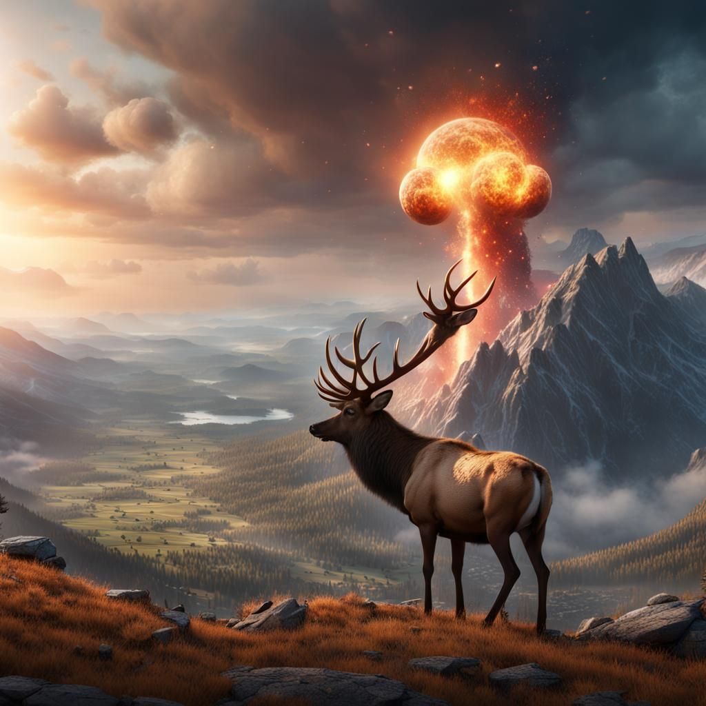 Elk Witnessing Nuclear Blast: Detailed Matte Painting