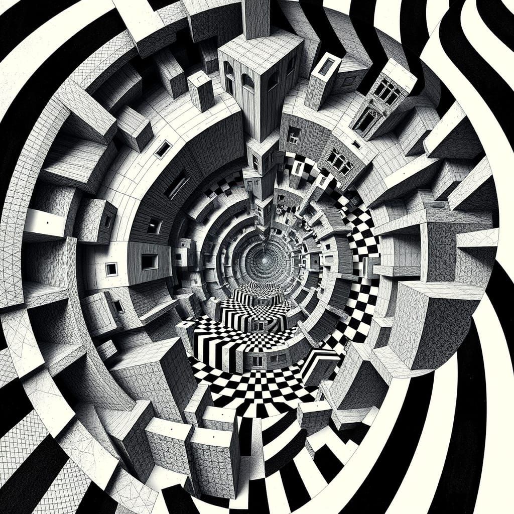 Mind-Bending Architecture in Escher and Op Art Style