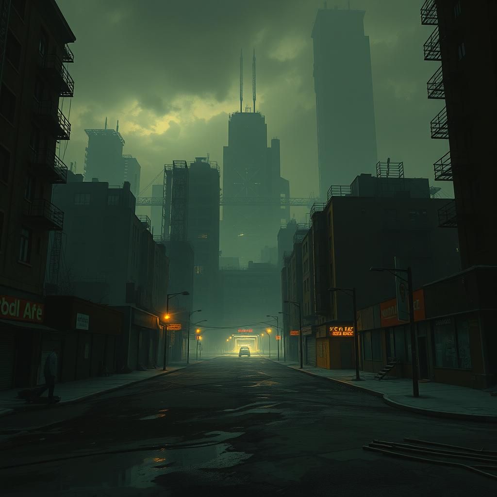 Dystopian Cityscape in Dark Futuristic Style
