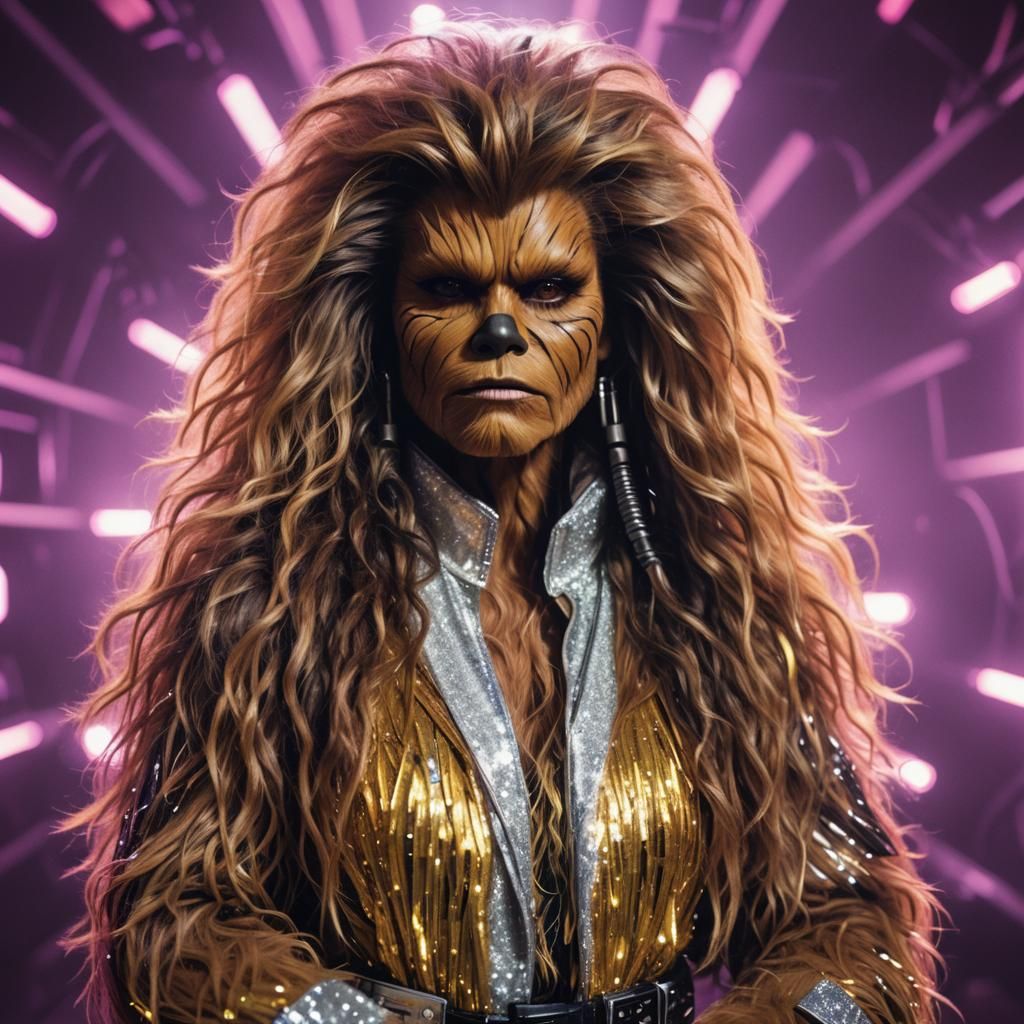 Golden Wookie with 80s Hair in Synthwave Style