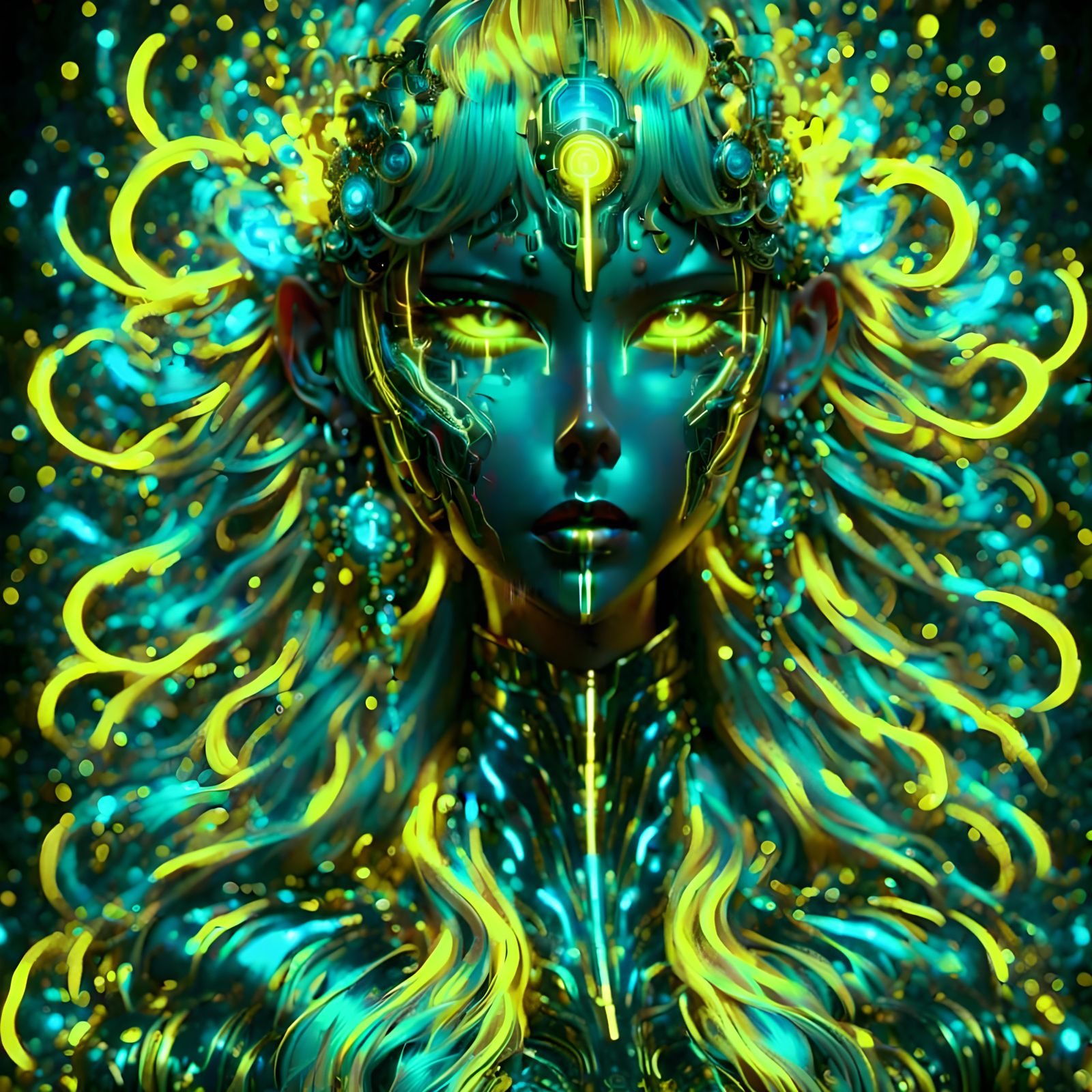 Neon Yellow Woman with Circuit Board Details