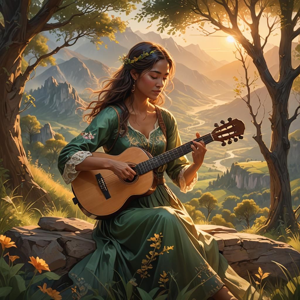 Woman Plays Guitar at Sunset: Fantasy Concept Art