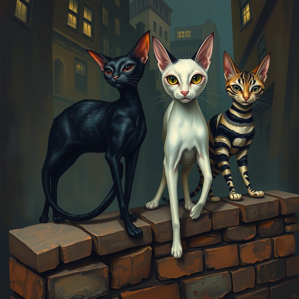 3 cats, a black cat, a white cat and a striped cat .