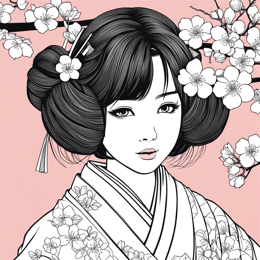 Japanese Girl Portrait with Sakura Blossoms in Line Art