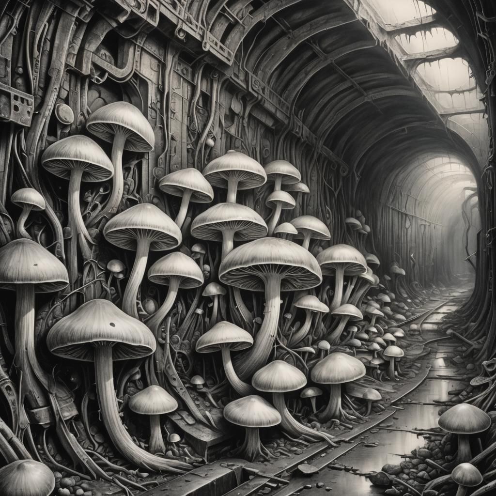 Subway Tunnel Champignons: Hyperdetailed Charcoal Drawing