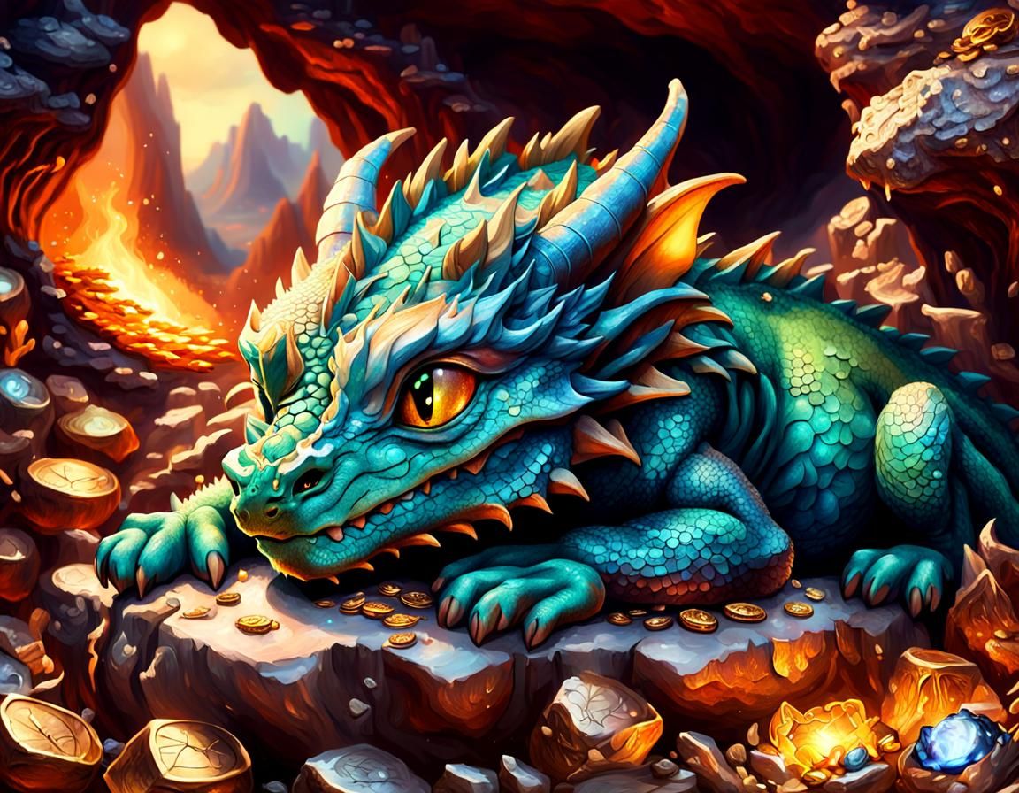 Sleeping Baby Dragon on Treasure Pile