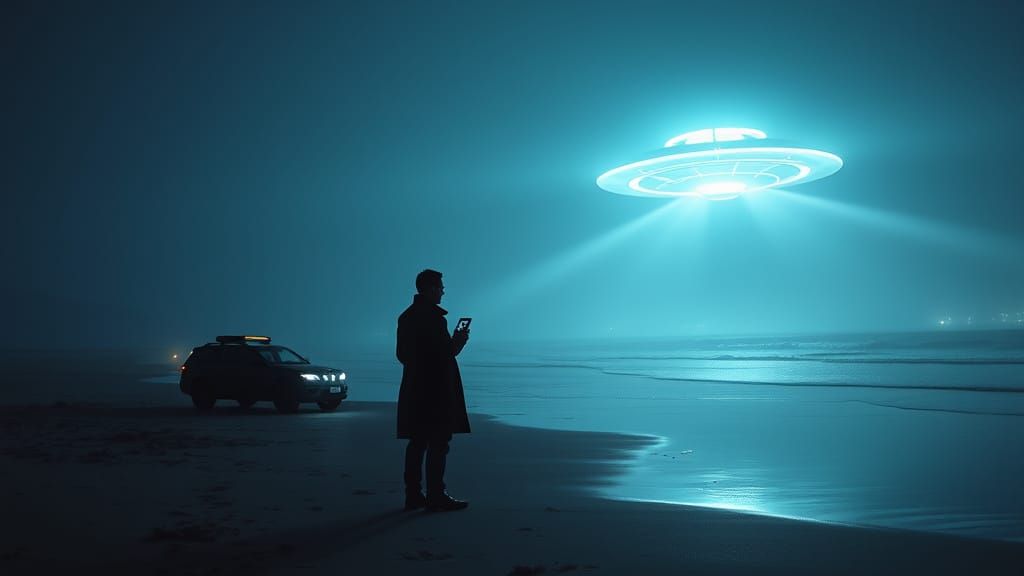 Noir Sci-Fi Beach UFO Investigation in Moody Lighting
