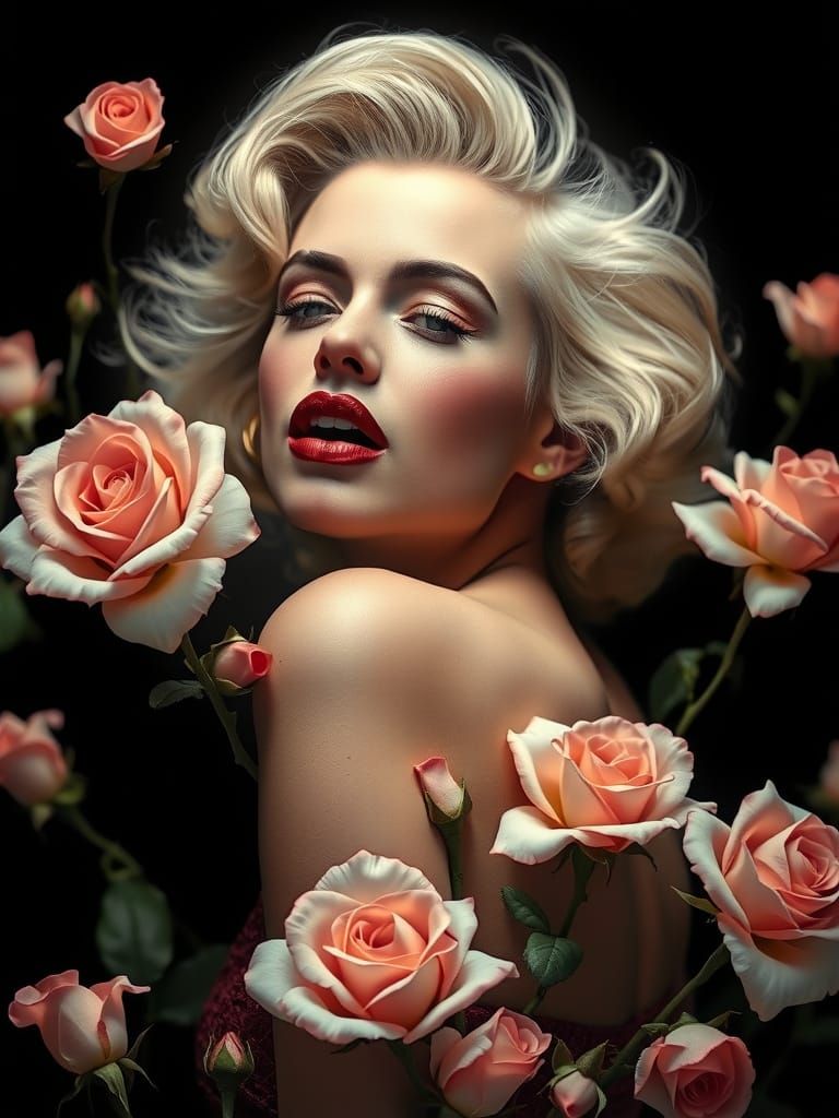 Marilyn Monroe Surrounded by Roses in Digital Art Style