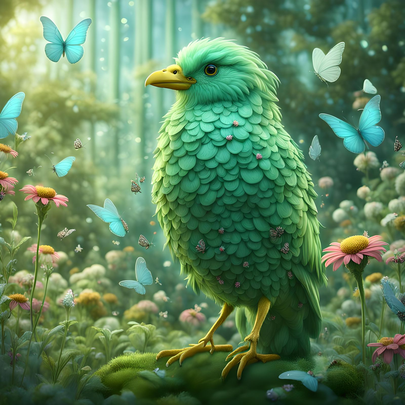 Transparent Whimsical Bird in a Magical Garden