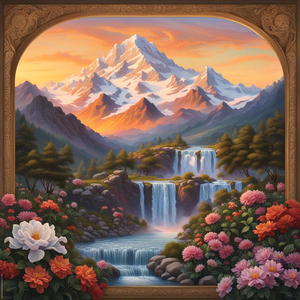 Renaissance Sunset Waterfall Landscape in Pastel Shades