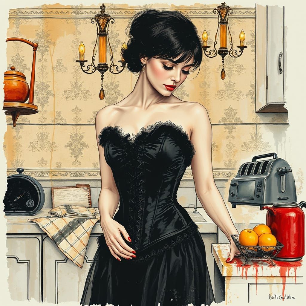 Woman in Vintage Kitchen with Intricate Details