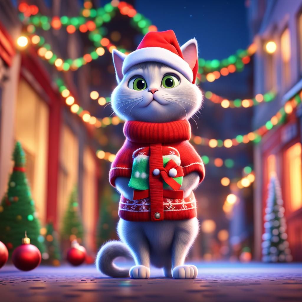 Cat in Christmas Clothes Stands on Street: 3D Art