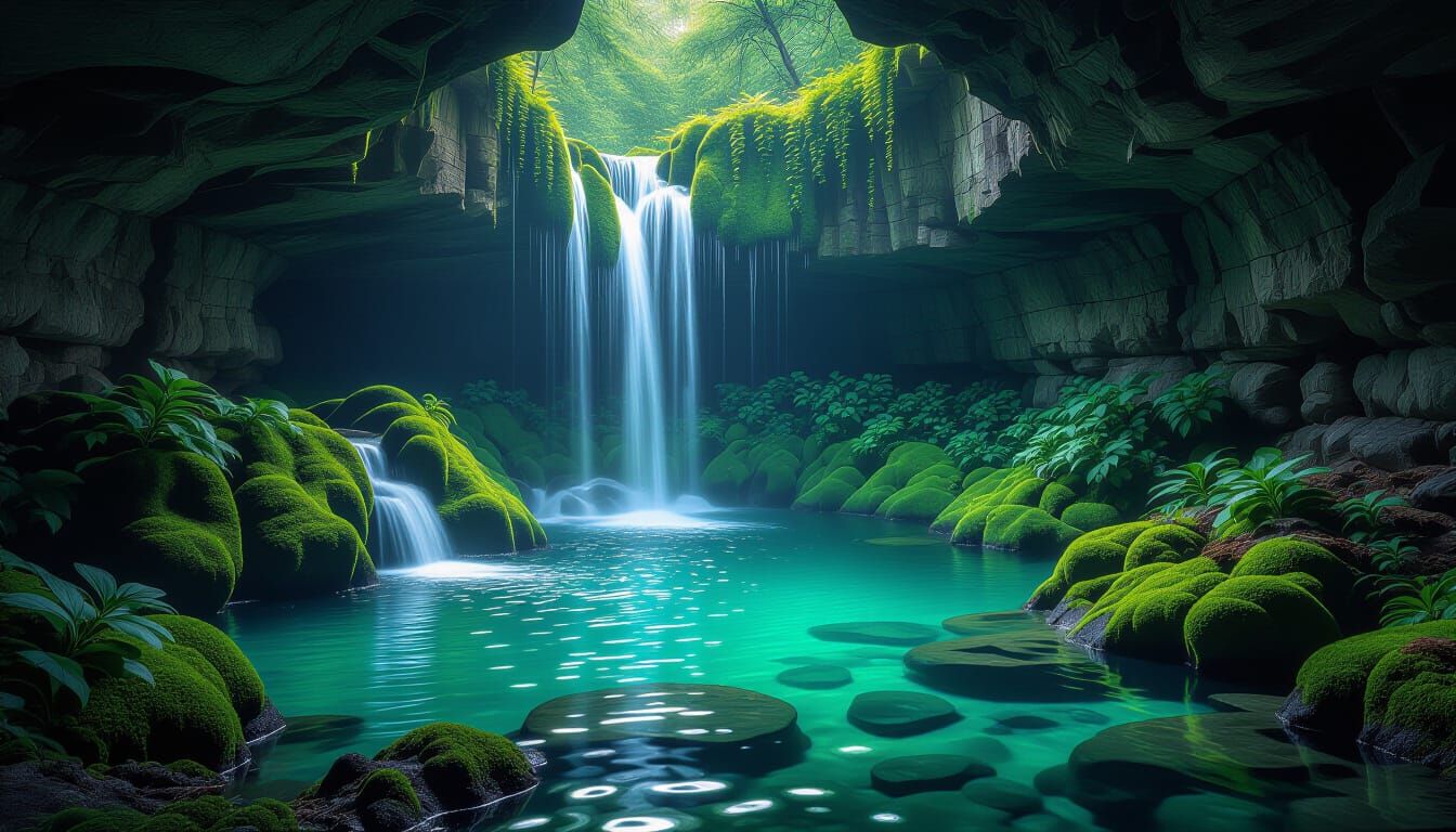 Bioluminescent Grotto: Ethereal Hyperrealistic Landscape