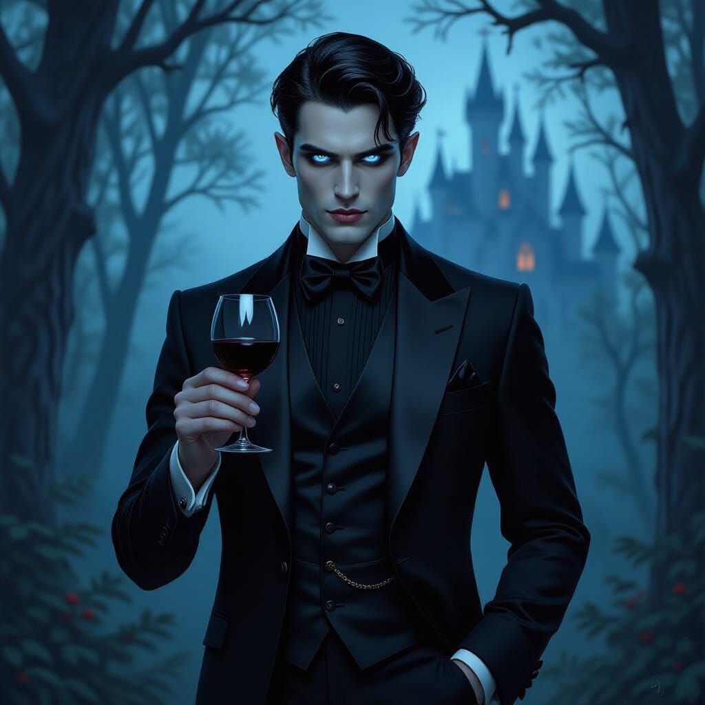 Dapper Vampire in Tuxedo in Gothic Forest